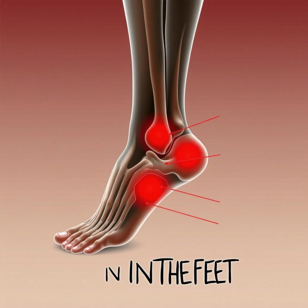 A detailed anatomical illustration showcasing a human foot, specifically highlighting areas experiencing pain with red markings