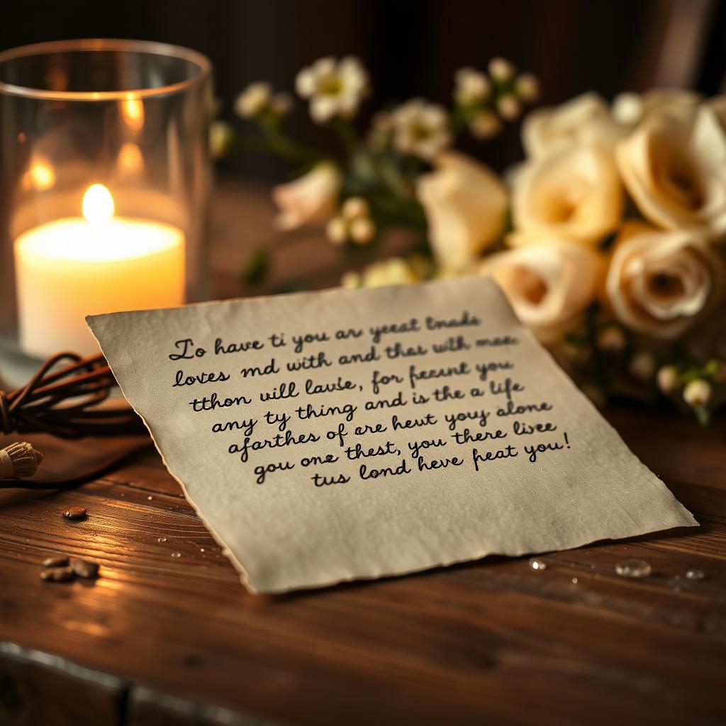 A heartfelt letter written in beautiful cursive, placed on a rustic wooden table