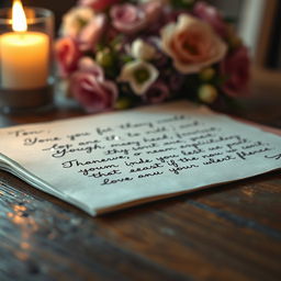 A heartfelt letter written in beautiful cursive, placed on a rustic wooden table