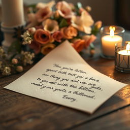 A heartfelt letter written in beautiful cursive, placed on a rustic wooden table