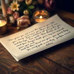 A heartfelt letter written in beautiful cursive, placed on a rustic wooden table