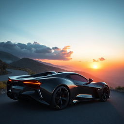 A sleek black sports car with a glossy finish, parked on a winding mountain road with a breathtaking view of the sunset in the background