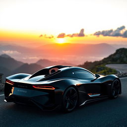 A sleek black sports car with a glossy finish, parked on a winding mountain road with a breathtaking view of the sunset in the background