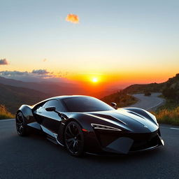 A sleek black sports car with a glossy finish, parked on a winding mountain road with a breathtaking view of the sunset in the background