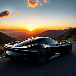 A sleek black sports car with a glossy finish, parked on a winding mountain road with a breathtaking view of the sunset in the background