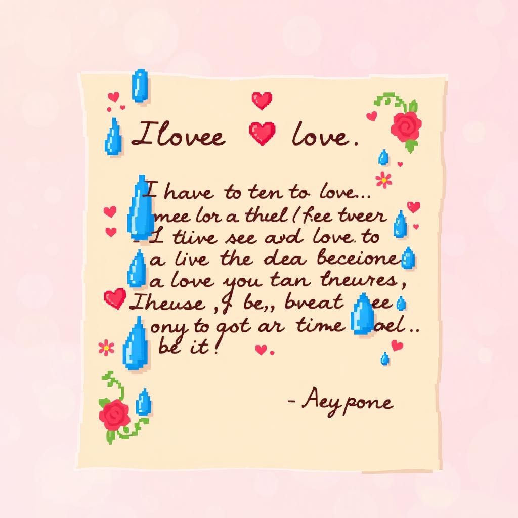 A pixel art piece depicting a heartfelt letter of love with tears falling onto it