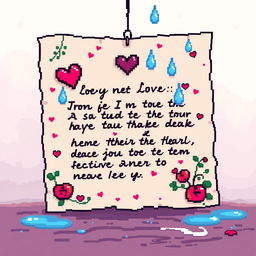 A pixel art piece depicting a heartfelt letter of love with tears falling onto it