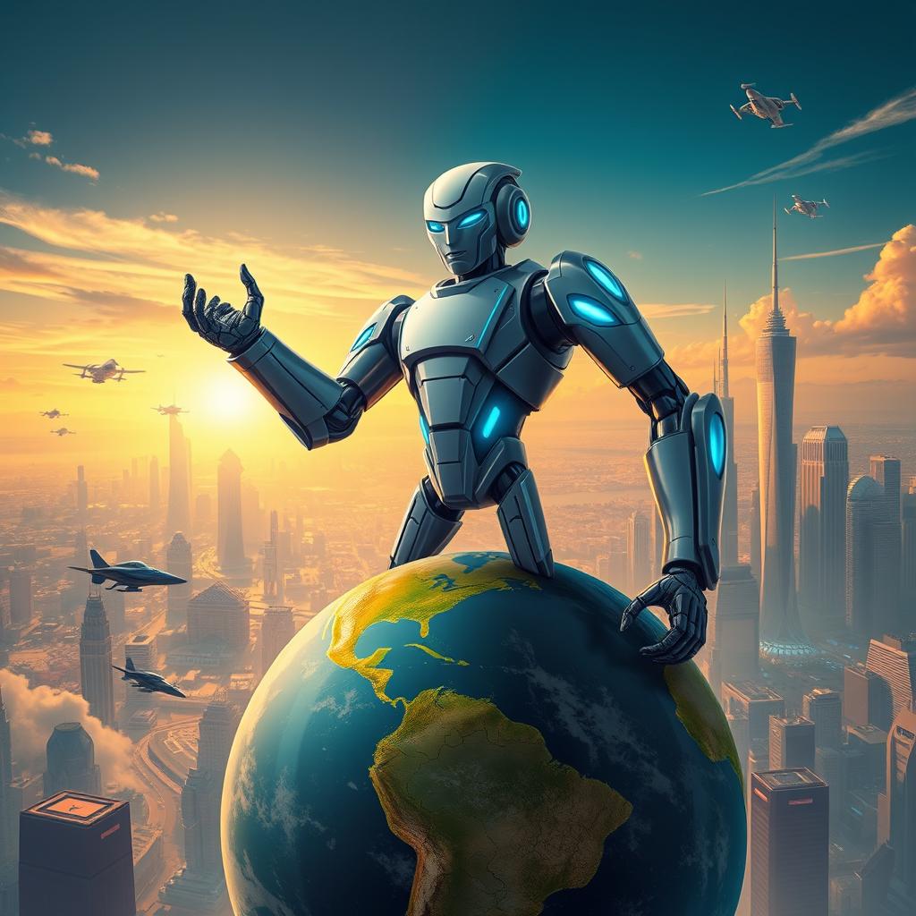 A surreal and imaginative illustration of George Droyd, a futuristic humanoid robot with sleek metallic features and glowing blue accents, standing triumphantly on top of a globe that symbolizes the Earth