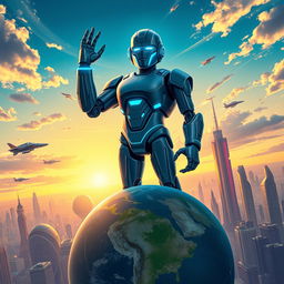 A surreal and imaginative illustration of George Droyd, a futuristic humanoid robot with sleek metallic features and glowing blue accents, standing triumphantly on top of a globe that symbolizes the Earth