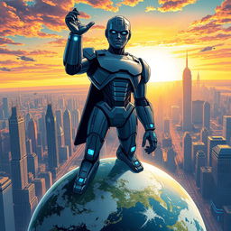 A surreal and imaginative illustration of George Droyd, a futuristic humanoid robot with sleek metallic features and glowing blue accents, standing triumphantly on top of a globe that symbolizes the Earth