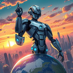 A surreal and imaginative illustration of George Droyd, a futuristic humanoid robot with sleek metallic features and glowing blue accents, standing triumphantly on top of a globe that symbolizes the Earth