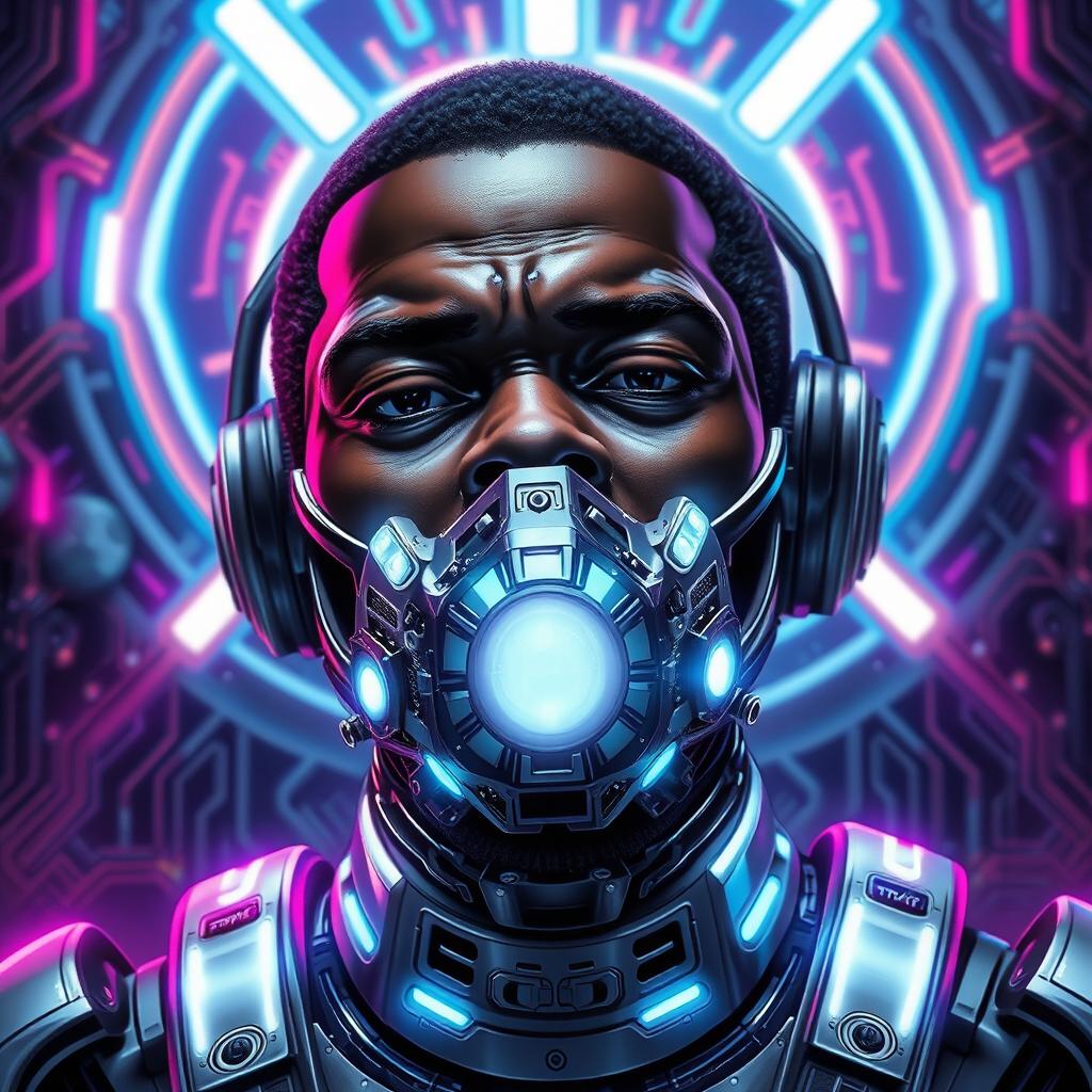 A black man depicted as a futuristic cyborg, showcasing intricate cybernetic enhancements, with glowing elements and metallic surfaces