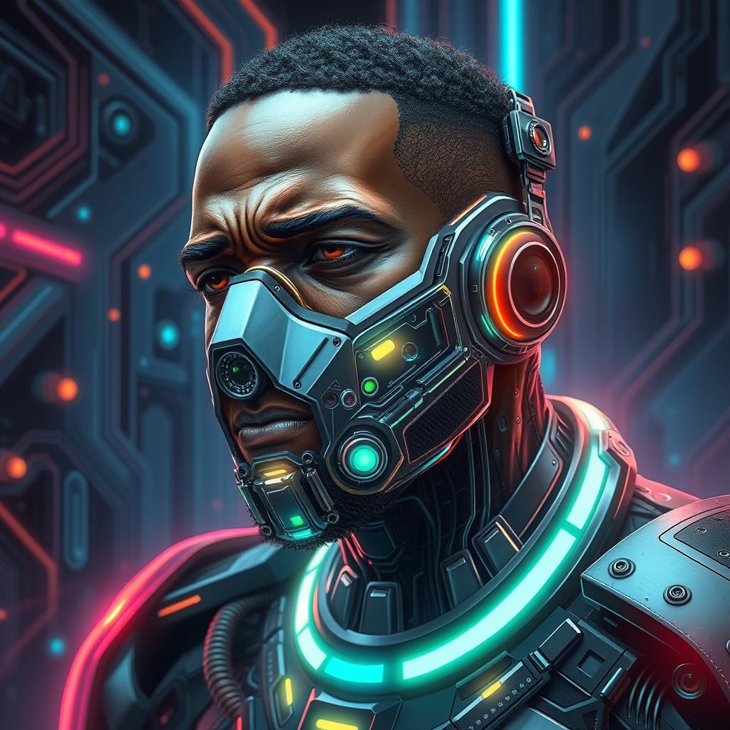 A black man depicted as a futuristic cyborg, showcasing intricate cybernetic enhancements, with glowing elements and metallic surfaces