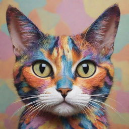 A vividly coloured, whimsically patterned cat with bright, alert eyes and twitching whiskers.