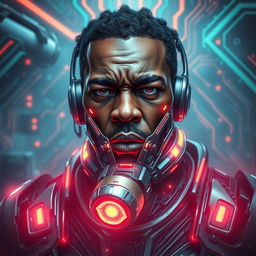 A black man depicted as a futuristic cyborg, showcasing intricate cybernetic enhancements, with glowing elements and metallic surfaces