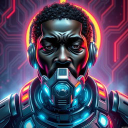 A black man depicted as a futuristic cyborg, showcasing intricate cybernetic enhancements, with glowing elements and metallic surfaces