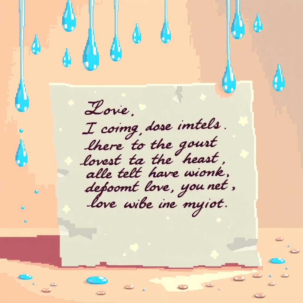 A pixel art scene depicting a heartfelt letter, beautifully written with elegant cursive