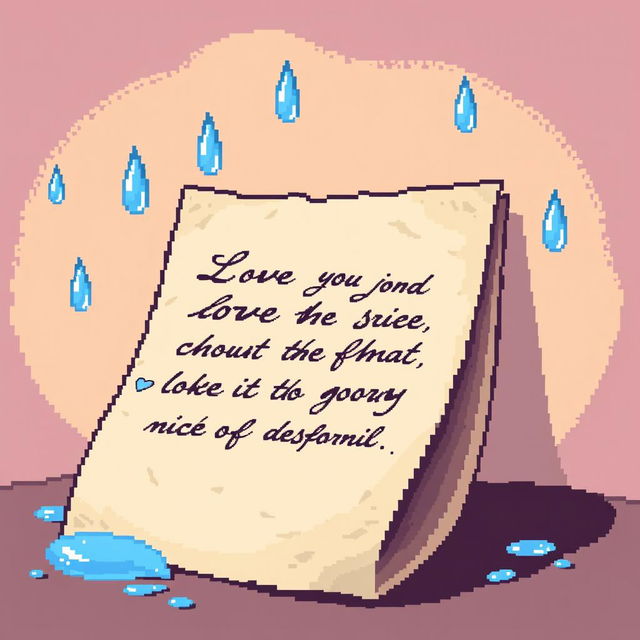 A pixel art scene depicting a heartfelt letter, beautifully written with elegant cursive