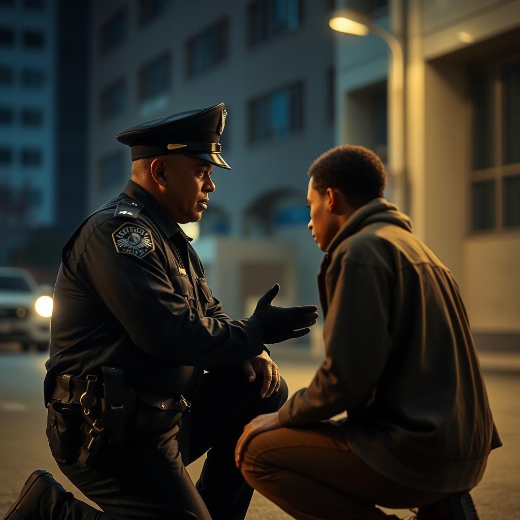 A dramatic scene depicting a police officer in uniform calmly kneeling beside a person with a dark-skinned complexion, engaged in a serious conversation