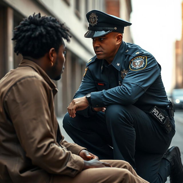 A dramatic scene depicting a police officer in uniform calmly kneeling beside a person with a dark-skinned complexion, engaged in a serious conversation