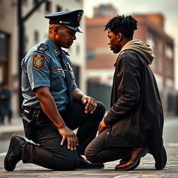 A dramatic scene depicting a police officer in uniform calmly kneeling beside a person with a dark-skinned complexion, engaged in a serious conversation