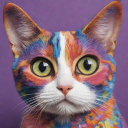 A vividly coloured, whimsically patterned cat with bright, alert eyes and twitching whiskers.