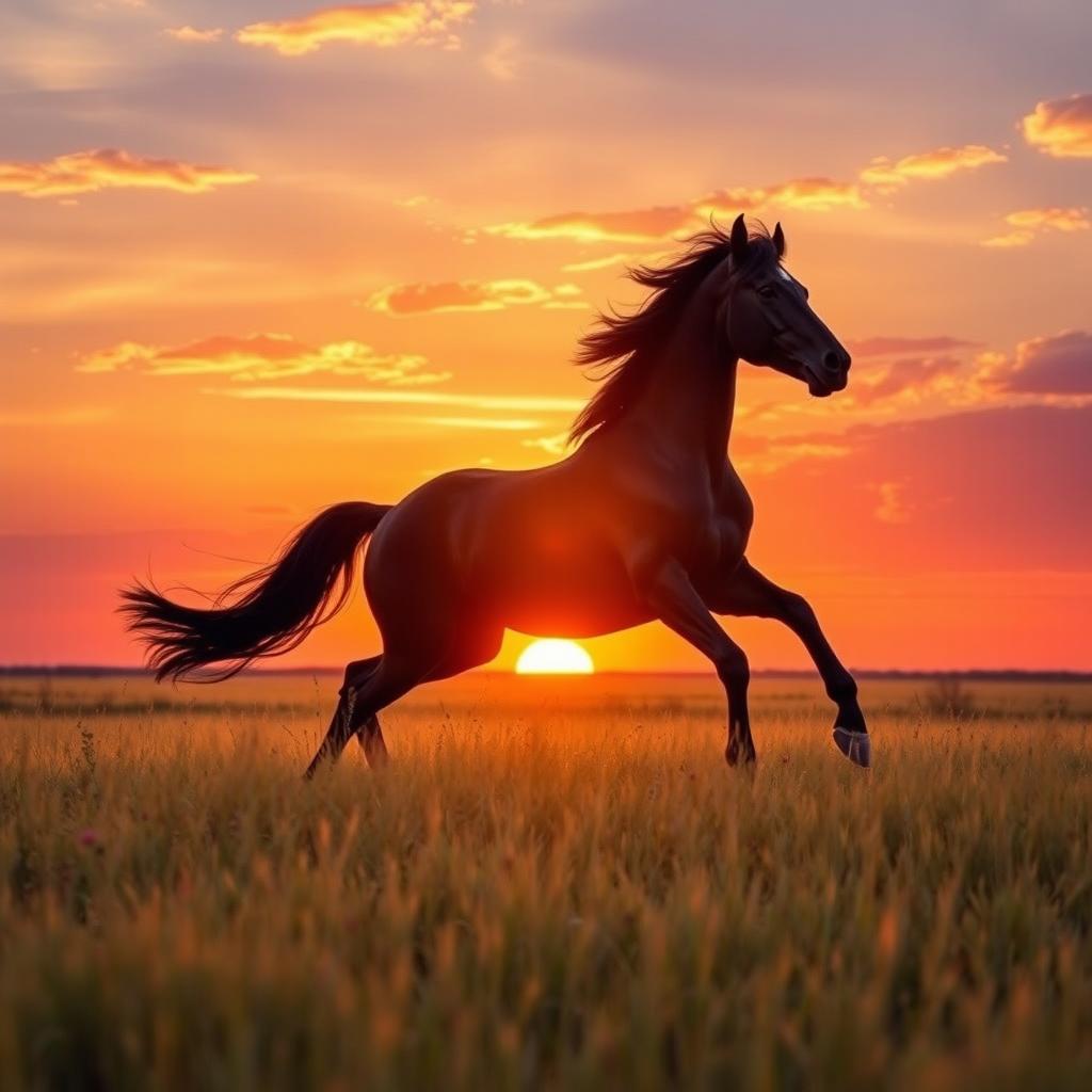 A powerful silhouette of a majestic black stallion galloping through a golden field at sunset