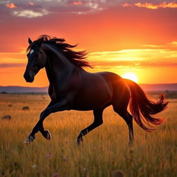 A powerful silhouette of a majestic black stallion galloping through a golden field at sunset