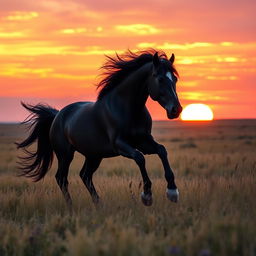 A powerful silhouette of a majestic black stallion galloping through a golden field at sunset