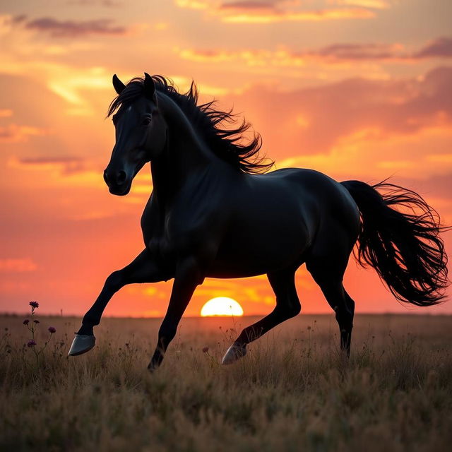 A powerful silhouette of a majestic black stallion galloping through a golden field at sunset