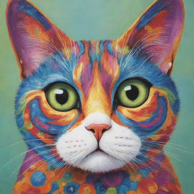 A vividly coloured, whimsically patterned cat with bright, alert eyes and twitching whiskers.