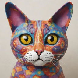 A vividly coloured, whimsically patterned cat with bright, alert eyes and twitching whiskers.