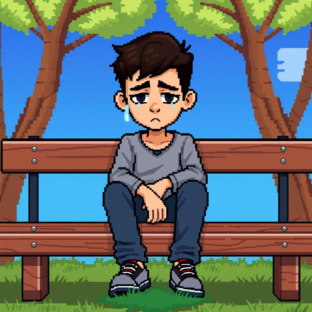 A pixel art scene depicting a young man sitting on a park bench, with visible tears streaming down his face