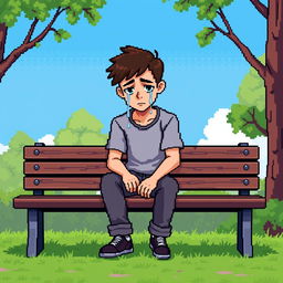 A pixel art scene depicting a young man sitting on a park bench, with visible tears streaming down his face