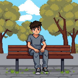 A pixel art scene depicting a young man sitting on a park bench, with visible tears streaming down his face