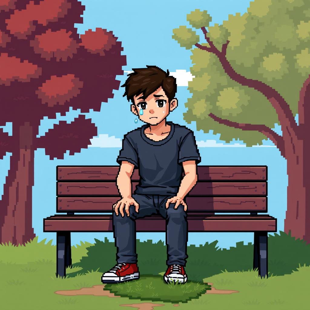 A pixel art scene depicting a young man sitting on a park bench, with visible tears streaming down his face