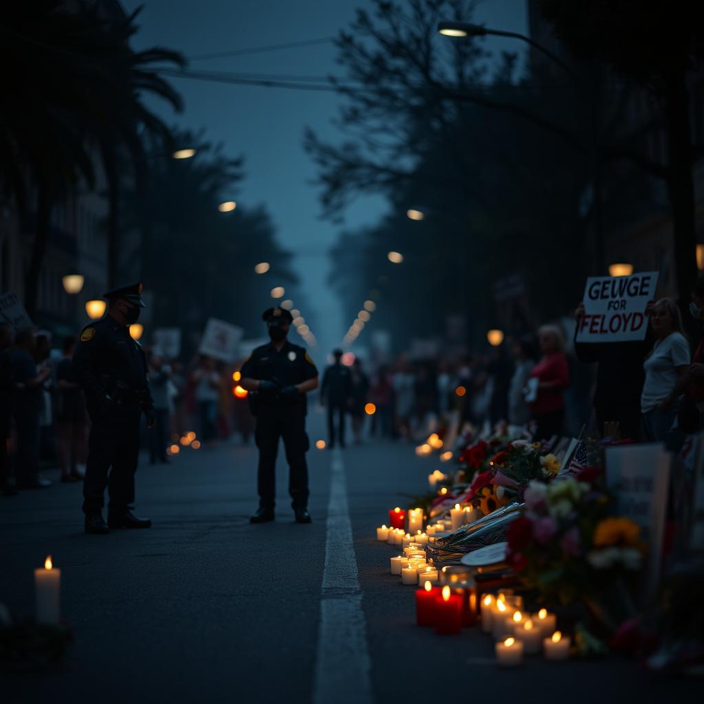 A somber and impactful scene showing a street with a faint outline of police officers, surrounded by candles and flowers in memory of George Floyd