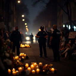 A somber and impactful scene showing a street with a faint outline of police officers, surrounded by candles and flowers in memory of George Floyd