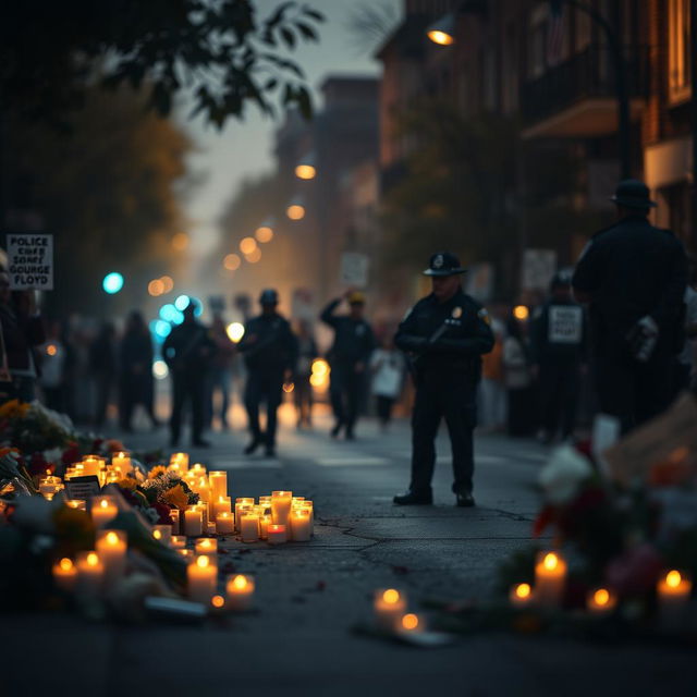 A somber and impactful scene showing a street with a faint outline of police officers, surrounded by candles and flowers in memory of George Floyd