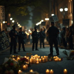 A somber and impactful scene showing a street with a faint outline of police officers, surrounded by candles and flowers in memory of George Floyd