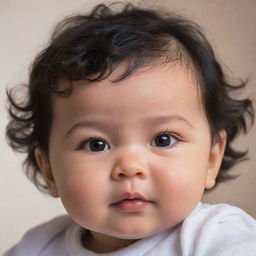 Update the previous baby image having black wavy hair, a small pointed nose, big brown eyes with long lashes, and chubby cheeks for a vividly detailed portrayal.