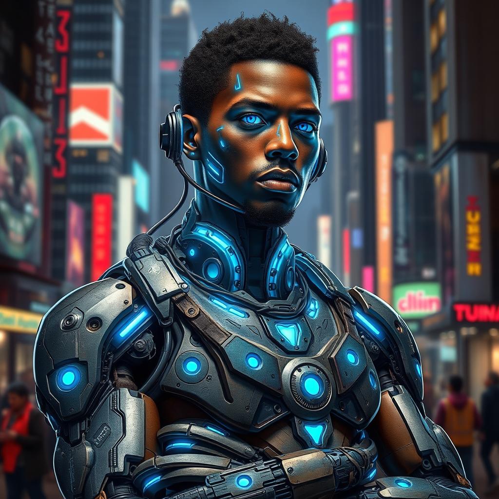 A futuristic depiction of George Floyd as a cyborg, featuring a blend of human and robotic elements