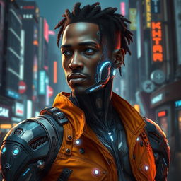 A futuristic depiction of George Floyd as a cyborg, featuring a blend of human and robotic elements