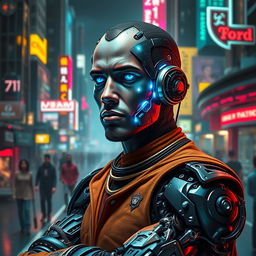 A futuristic depiction of George Floyd as a cyborg, featuring a blend of human and robotic elements