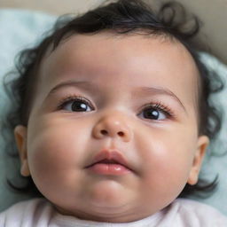 Update the previous baby image having black wavy hair, a small pointed nose, big brown eyes with long lashes, and chubby cheeks for a vividly detailed portrayal.