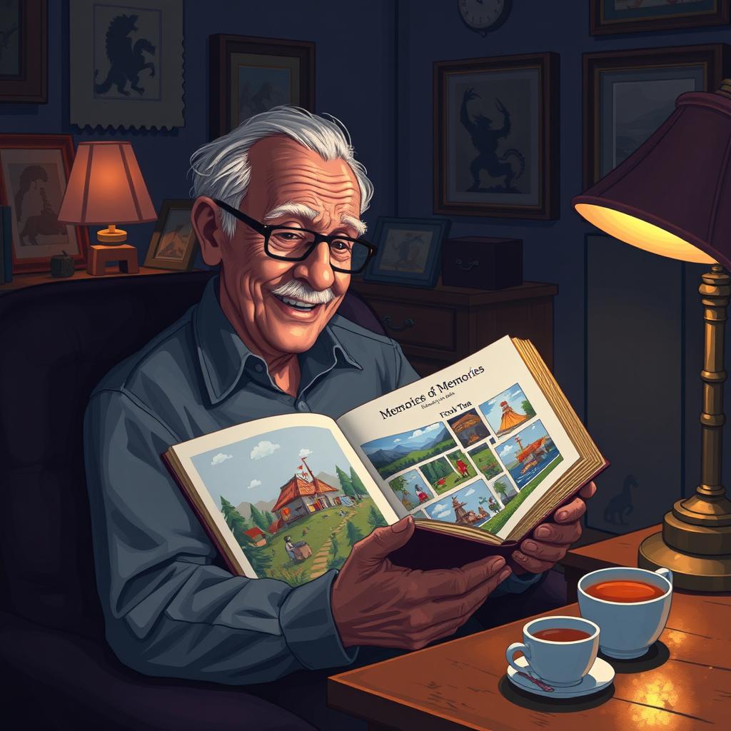 An old man sitting in a cozy, dimly lit room, surrounded by nostalgic decorations