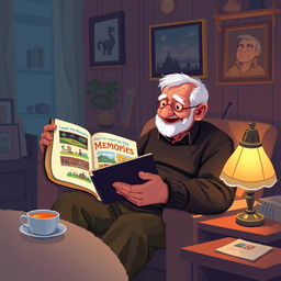 An old man sitting in a cozy, dimly lit room, surrounded by nostalgic decorations