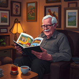 An old man sitting in a cozy, dimly lit room, surrounded by nostalgic decorations