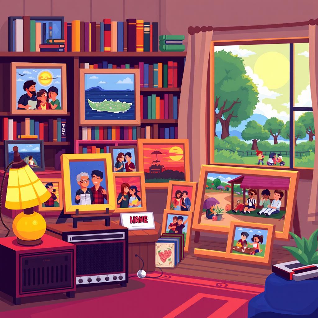 A vibrant and nostalgic pixel art scene showcasing a collection of memories