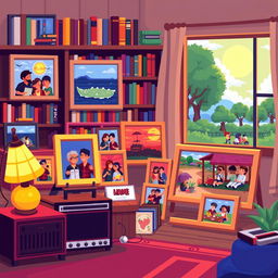 A vibrant and nostalgic pixel art scene showcasing a collection of memories